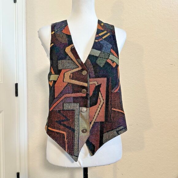 Vintage Nadia Embroidered Geometric Tapestry Women's MEDIUM Vest 90s - Picture 1 of 5